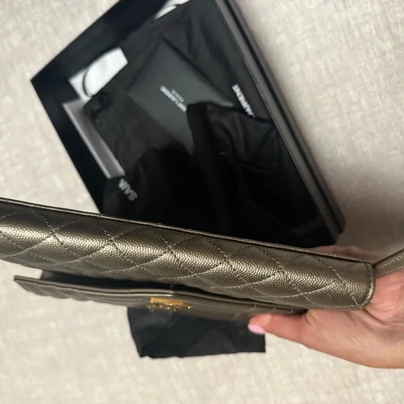 Saint Laurent Silver Quilted Clutch with Chevron Pattern - Picture 4 of 6